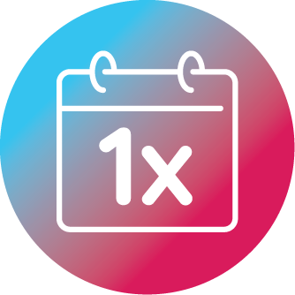 Calendar icon showing “1x” in teal & pink gradient circle