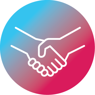Handshake icon in a teal and pink gradient circle