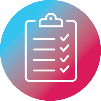 Checklist on a clipboard in teal and magenta gradient circle
